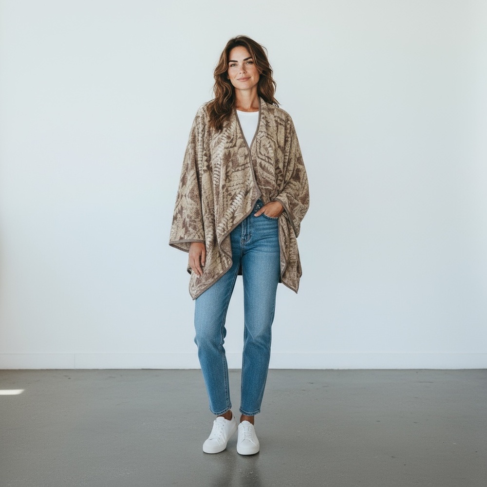 Lucky Brand tan‎ brown chenille aztec print drape cardigan sz L